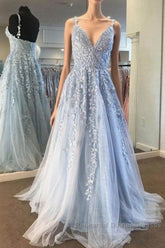 Fairy Light Blue Lace Appliques Tulle A-line Long Semi Formal Prom Dress